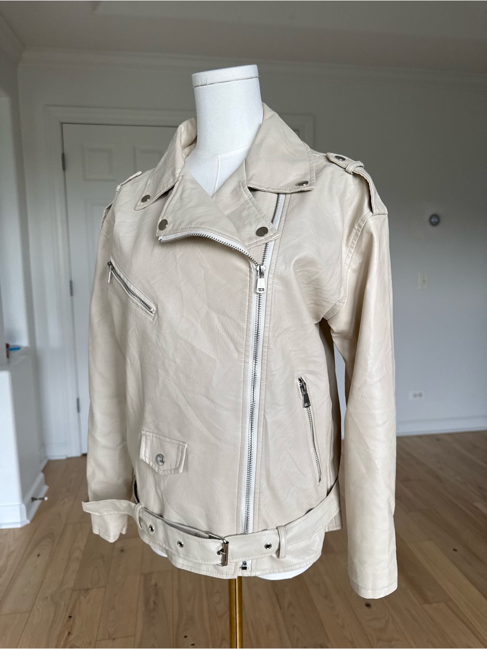 Light Cream Faux-Leather Jacket with Belted Waist